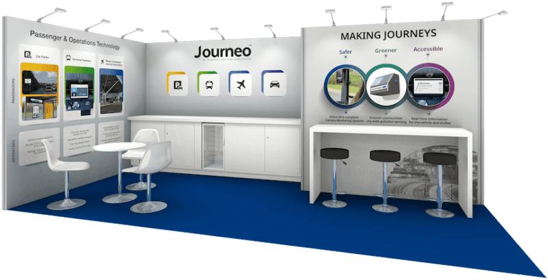 Example of a modular system exhibition stand layout with printed infill panels and a meeting area